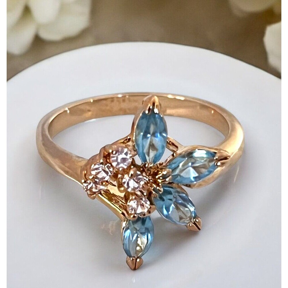 Vintage 1970s Austrian Crystal Ring Size 8 Blue Navette 14K Gold Plate - 6C - Picture 3 of 8
